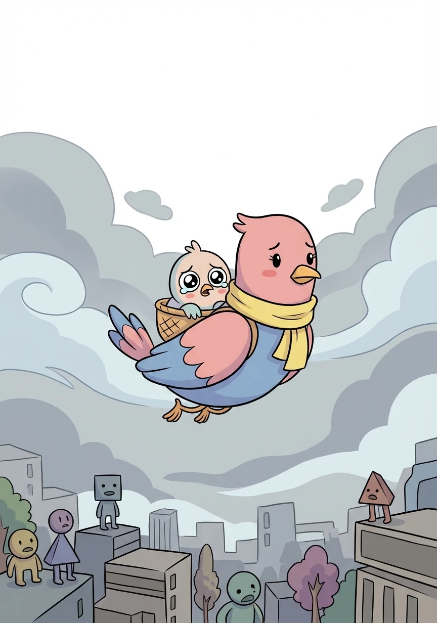 Su madre, preocupada por su bienestar, la llevó volando a un mundo gris, donde la gente era diferente y hablaban un idioma desconocido. Paloma se sintió perdida y asustada.