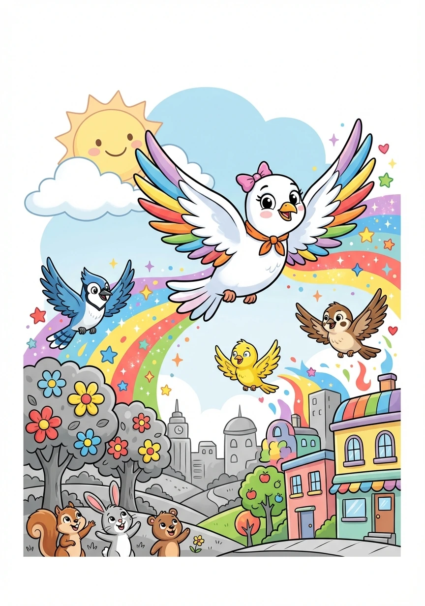 Finalmente, Paloma encontró el amor y, con el apoyo de sus amigos y familiares, aprendió a volar de nuevo, llevando consigo la alegría y el color a este nuevo mundo gris.