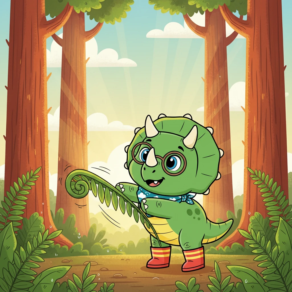 The sun peeked over the towering redwoods, painting the Cretaceous landscape in hues of gold. Trix the Triceratops woke with a happy wiggle, excited for a new day filled with adventures. Ferns swayed gently in the morning breeze, and the air smelled fresh and alive.