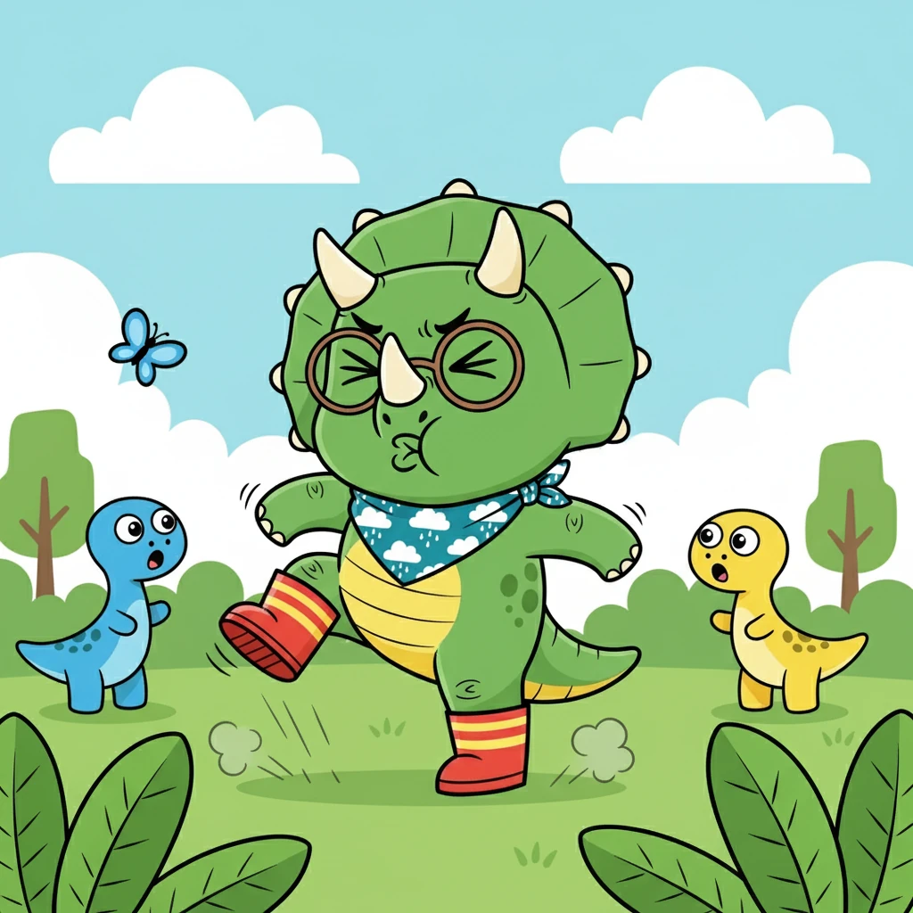 Trix played with her friends, chasing butterflies and munching on tasty cycads. Suddenly, a game turned sour, and Trix felt a surge of frustration when she didn't get her way. The happy wiggle turned into a frustrated stomp.