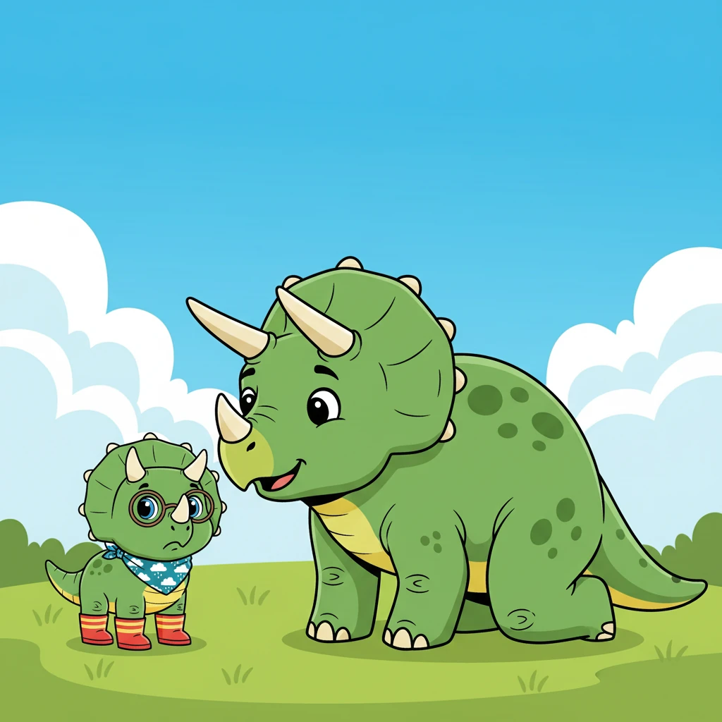 Mama Triceratops, with her gentle eyes, approached her daughter calmly. “That feeling, Trix,” she said softly, “is called mad. It means something feels unfair.” She knelt beside Trix, her voice soothing and kind.