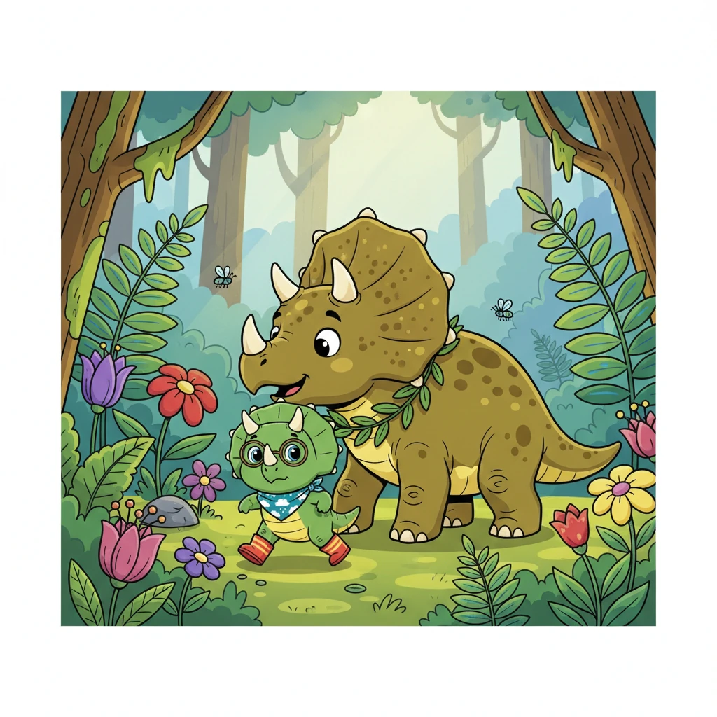 Together, they walked through the lush forest, the sounds of the Cretaceous world surrounding them. The rustling of ferns and the buzzing of insects filled the air. Mama pointed out the beauty around them, trying to help Trix calm down.