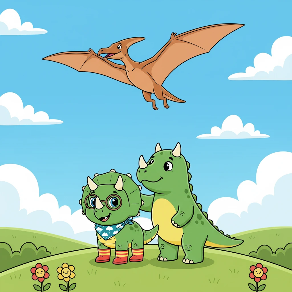 High above, a Pteranodon soared effortlessly on the wind. “See how it rides the wind, calm and strong,” Mama said, her voice filled with admiration. Trix watched the graceful creature, its wings spread wide.