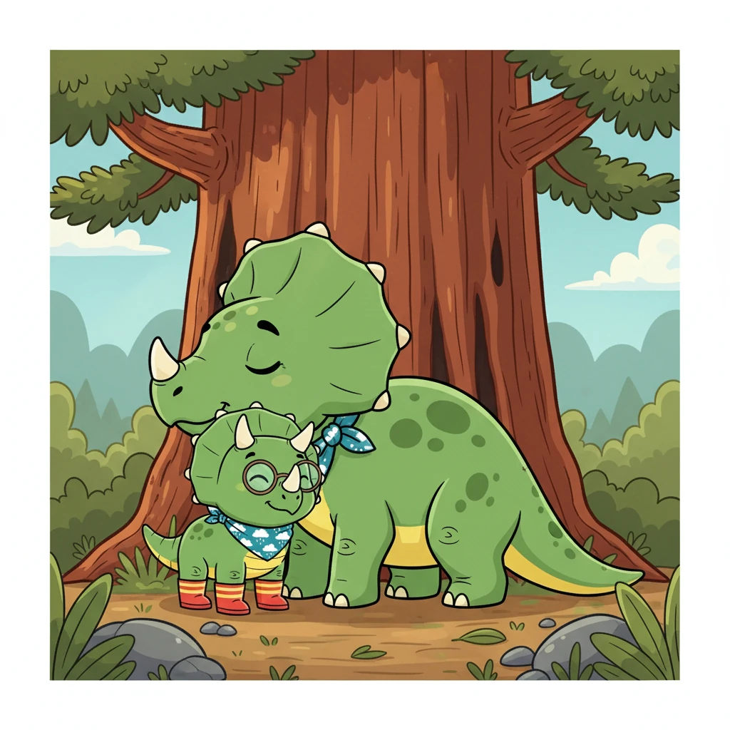 Underneath the shade of a giant redwood, they shared a tender moment. Mama nuzzled Trix, and Trix leaned in close, feeling safe and loved. The world felt peaceful again.