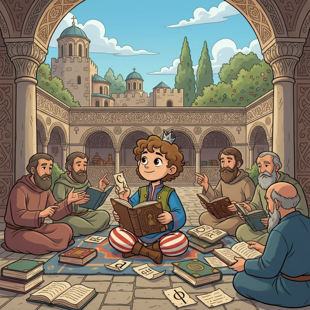 Младият Симеон седи в двора на Преслав, заобиколен от книги и учени. Той мечтае за знание и величие, вдъхновен от мечтите на баща си, Борис I.  Малкият принц изучава буквите, стремейки се да разбере света около себе си.