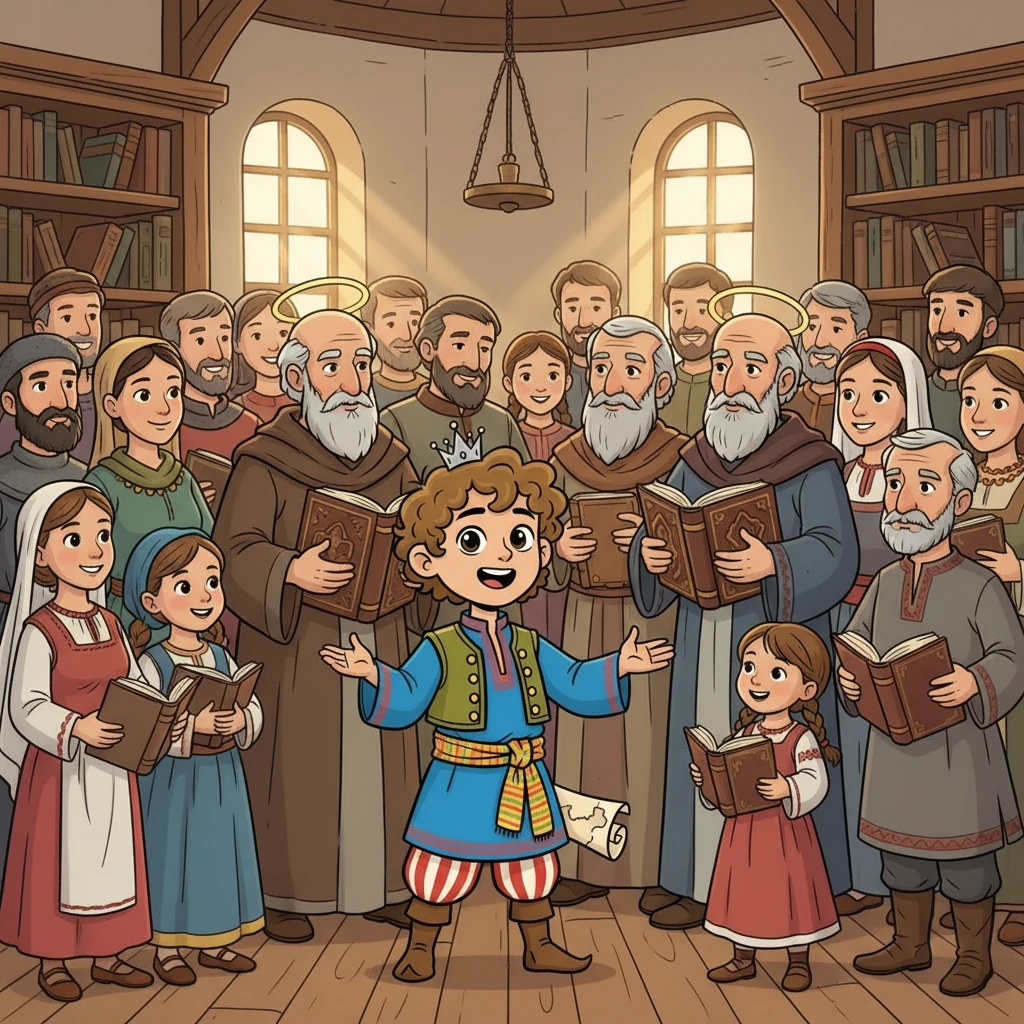 Свети Кирил и Методий, създателите на славянската азбука, са почетени. Тяхното дело позволява на българите да четат и пишат на своя език. Книгите стават достъпни за всички, разпространявайки знания и култура.