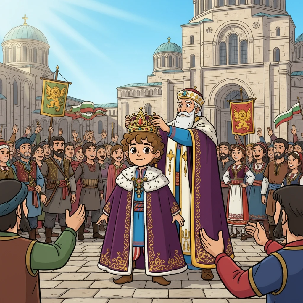 Симеон получава короната на византийския император, символизираща неговата власт и престиж. България става могъща империя, призната от всички. Симеон е почитан като цар на българите и ромеите.