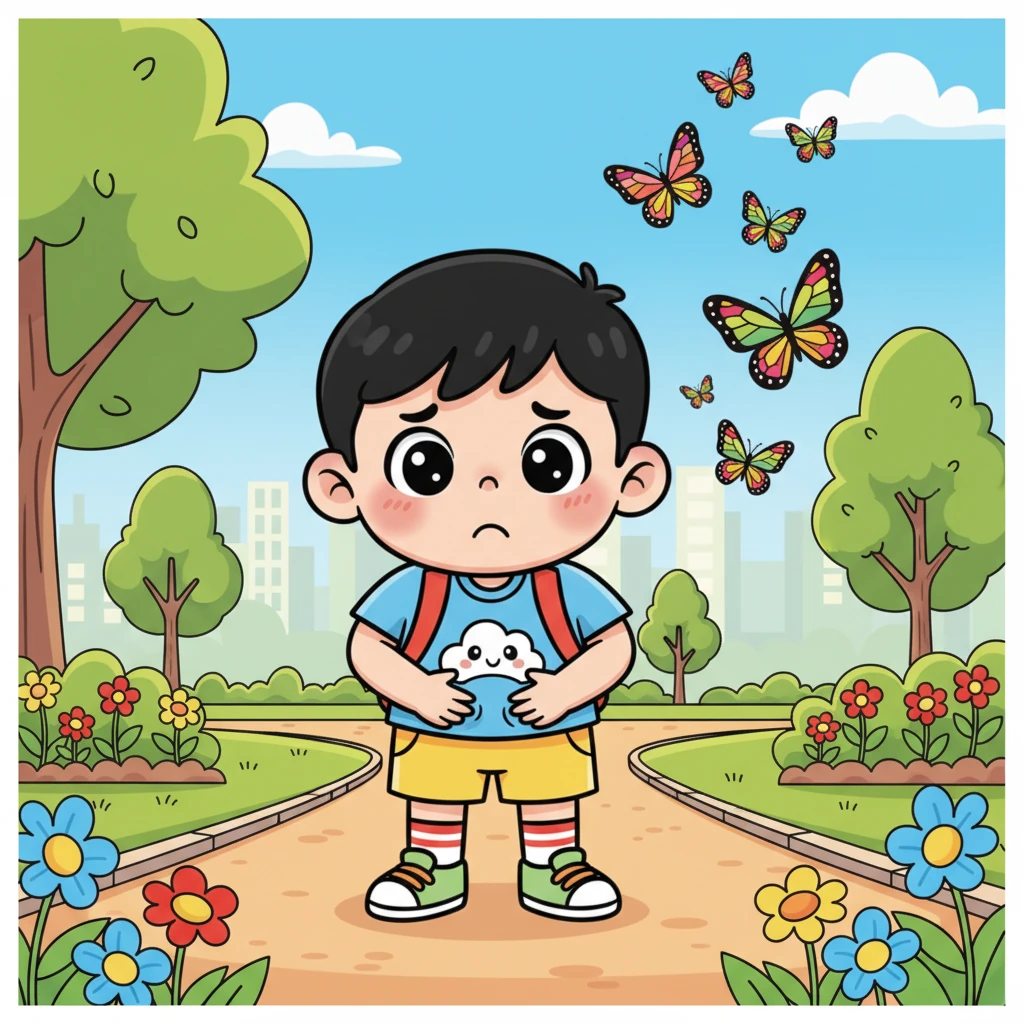 阳光明媚的早晨，活泼的小肚肚正在城市公园里追逐一群彩色的蝴蝶。他穿着鲜亮的衣服，笑容灿烂，突然间，他的小肚子开始咕噜咕噜地叫起来，让他停下了脚步。他疑惑地摸了摸肚子，感觉有点不对劲。