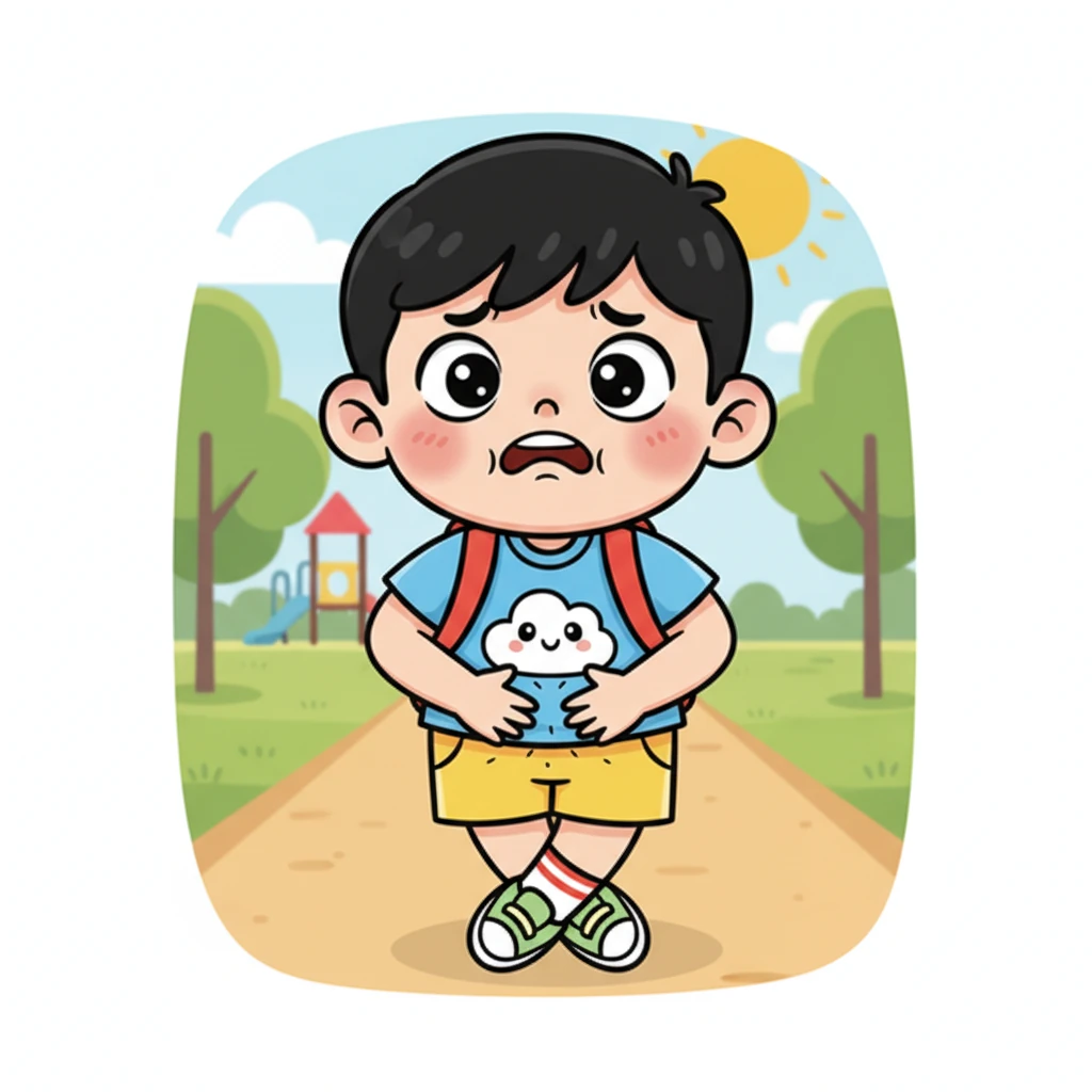小肚肚的笑容渐渐消失，取而代之的是一张皱巴巴的小脸。他紧紧捂住自己的小肚子，双腿开始不自觉地交叉。他的眼睛像雷达一样四处扫描，希望能找到一个解决“紧急情况”的地方。
