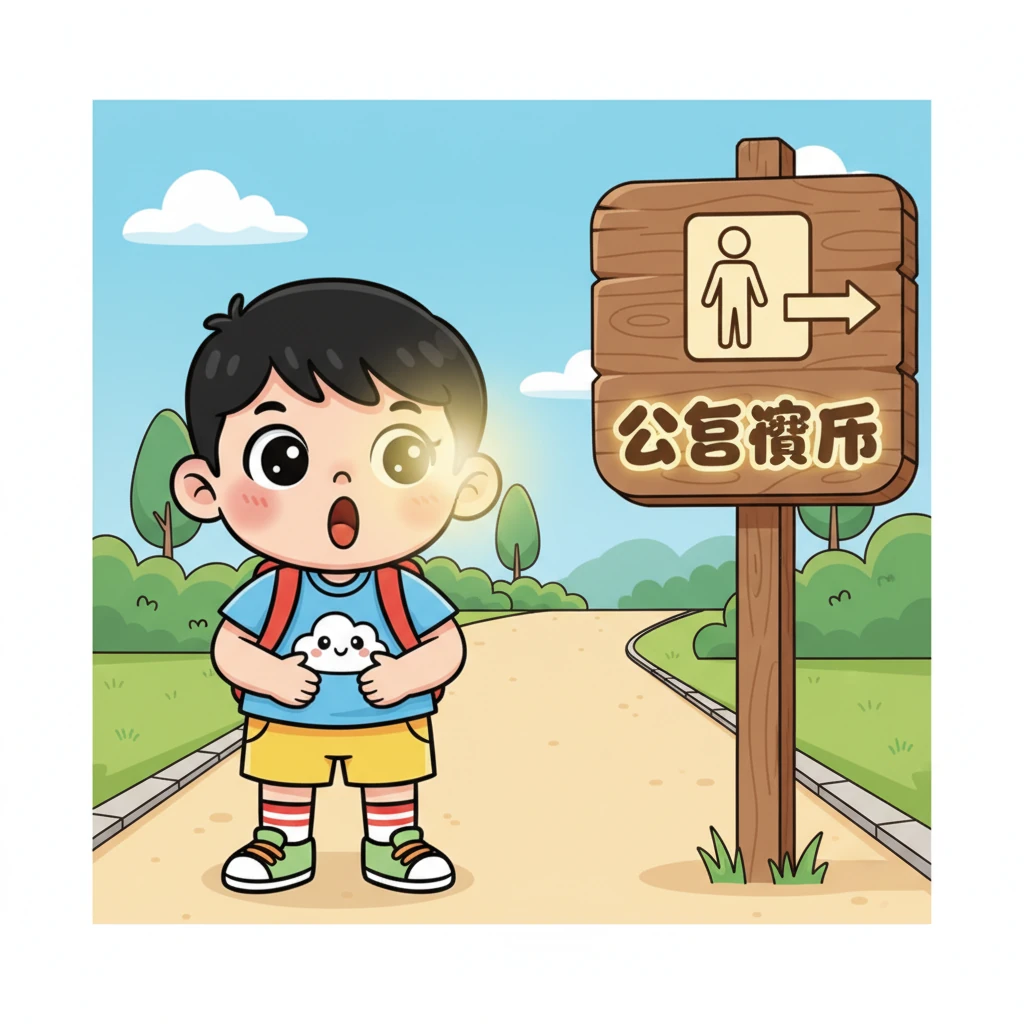 就在小肚肚快要哭出来的时候，他惊喜地看到不远处立着一个高大的指示牌。牌子上画着一个可爱的小人图标，指向一个方向，上面写着“公共厕所”！虽然看起来有点远，但希望的光芒瞬间点亮了他的眼睛。