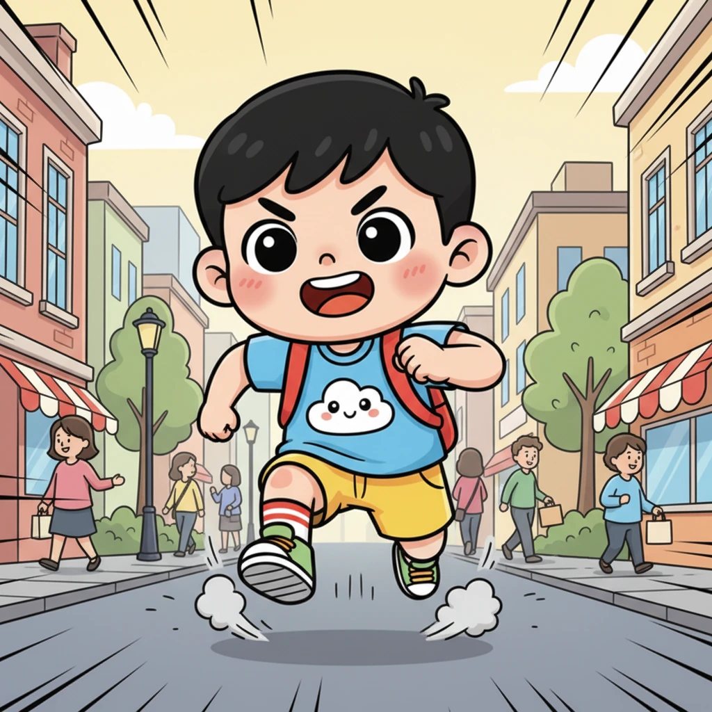 顾不上欣赏路边的风景，小肚肚立刻进入了“冲刺模式”。他像一阵风似的穿梭在熙熙攘攘的城市街道上，小短腿迈得飞快，手臂也跟着大幅度地摆动，决心要尽快抵达目的地。