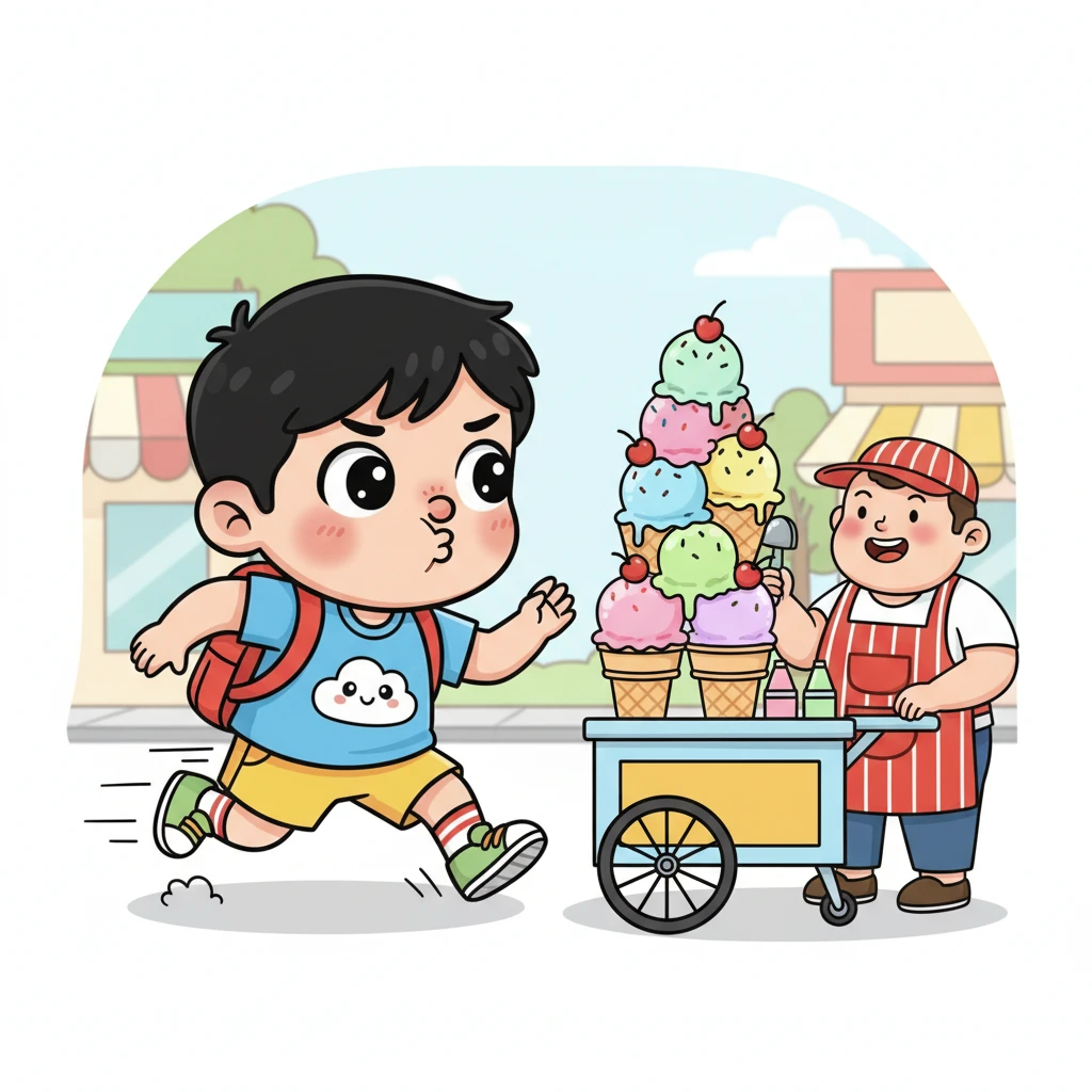 他经过一个飘着甜香的冰淇淋摊位，五颜六色的冰淇淋堆得像小山一样诱人。小肚肚的鼻子动了动，眼睛也忍不住瞥了一眼，但他强忍住诱惑，继续向前冲，因为肚子里的“警报”响得更急了。