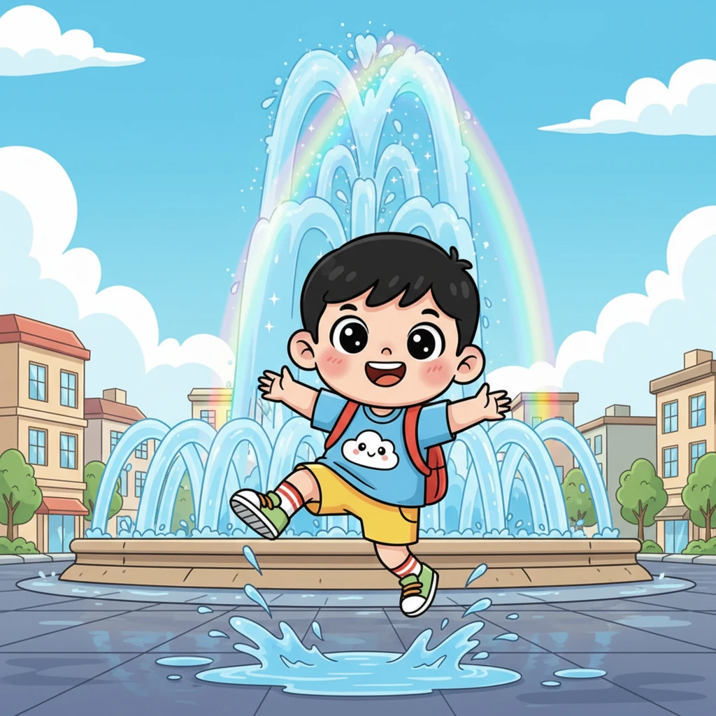 穿过一条宽阔的街道，小肚肚来到了一个巨大的喷泉广场。喷泉的水柱高高跃起，在阳光下闪耀着彩虹般的光芒。他兴奋地跳过地上的水洼，差点被滑倒，但依然保持着前进的姿态。