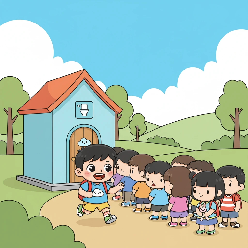 终于，小肚肚看到了那栋有着熟悉图标的小房子！他高兴地大叫一声，加快了最后几步。然而，当他跑到厕所门口时，却发现前面已经排起了长长的队伍，大家都在耐心地等待着。