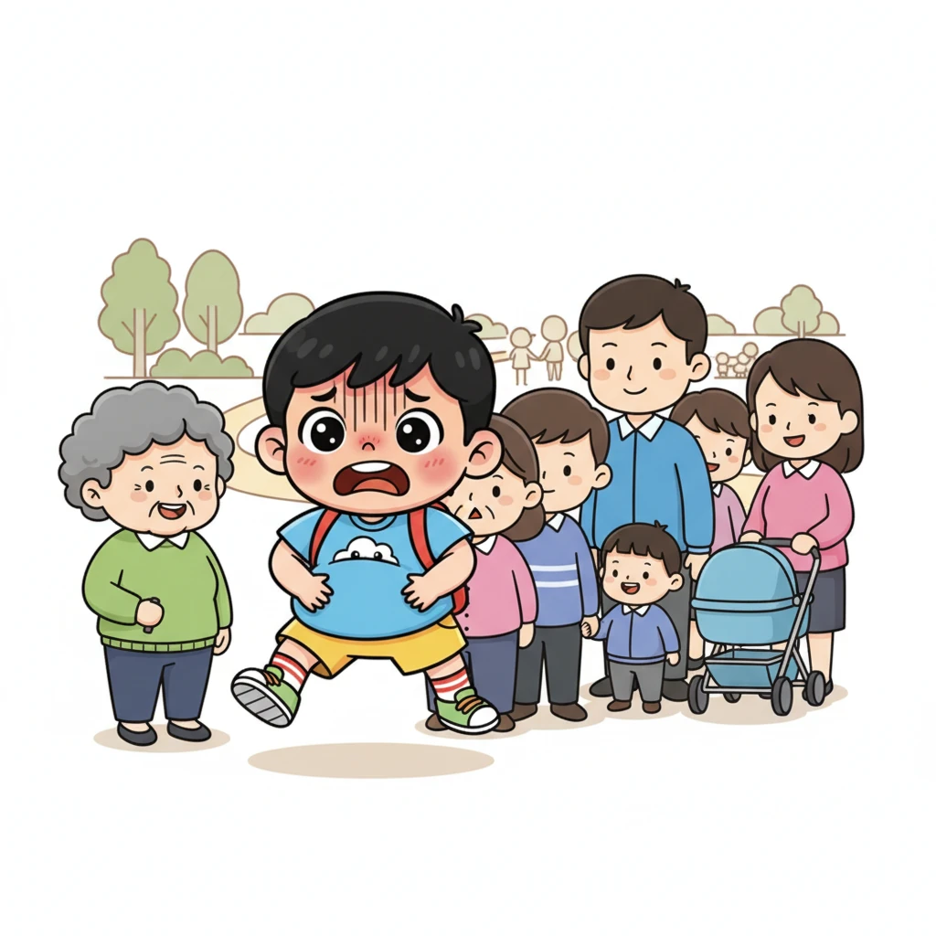 小肚肚的心情又从天堂跌回了地面，他焦急地在队伍后面蹦蹦跳跳，小脸蛋憋得通红。他时不时地看看队伍的尽头，又看看自己的肚子，引得旁边的大人们都忍不住对他露出善意的微笑。