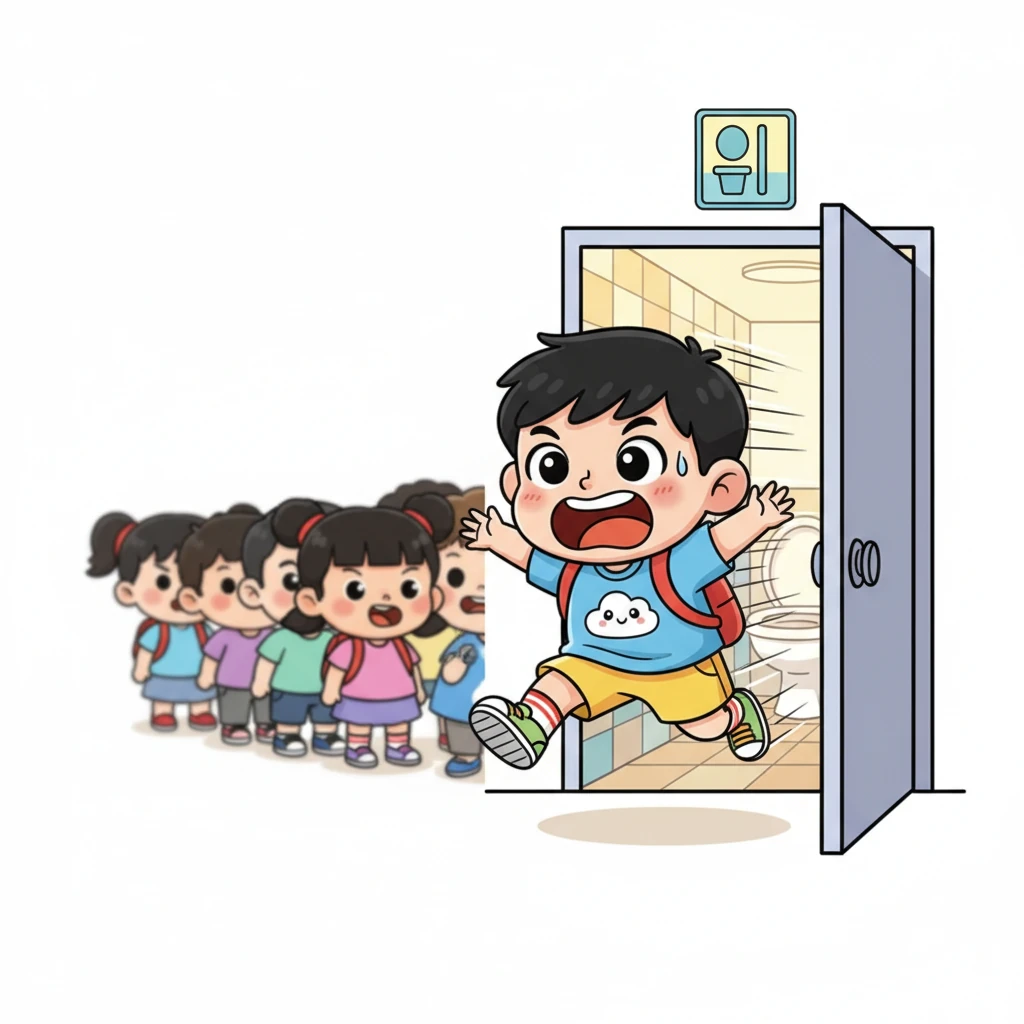 “下一个！”终于，一个响亮的声音传来，队伍向前移动了。小肚肚像离弦的箭一样冲了进去，他甚至没来得及看清厕所里面是什么样子，只知道自己终于抵达了“安全港湾”。