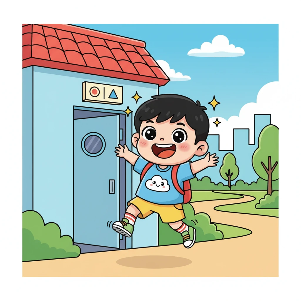 几分钟后，小肚肚神清气爽地从厕所里走了出来。他感觉全身都轻松了，脸上重新挂上了灿烂的笑容。他甚至开心地在门口跳了一段小小的胜利之舞，然后轻快地继续他的城市探险，准备去寻找更多有趣的发现。