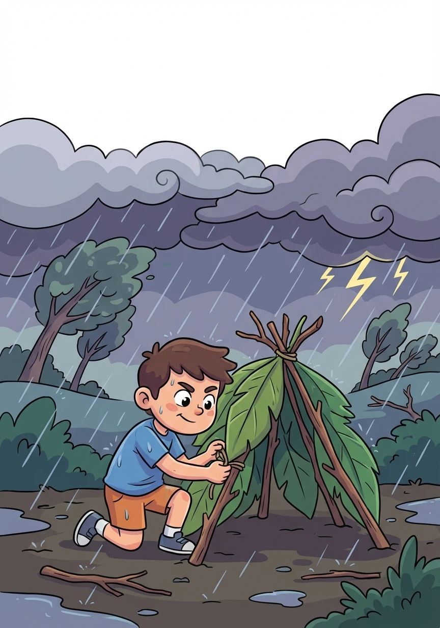 Una tormenta se avecina, obligando a Ricardo a buscar refugio. Con ramas y hojas, construye un rudimentario cobertizo para protegerse de la lluvia torrencial.