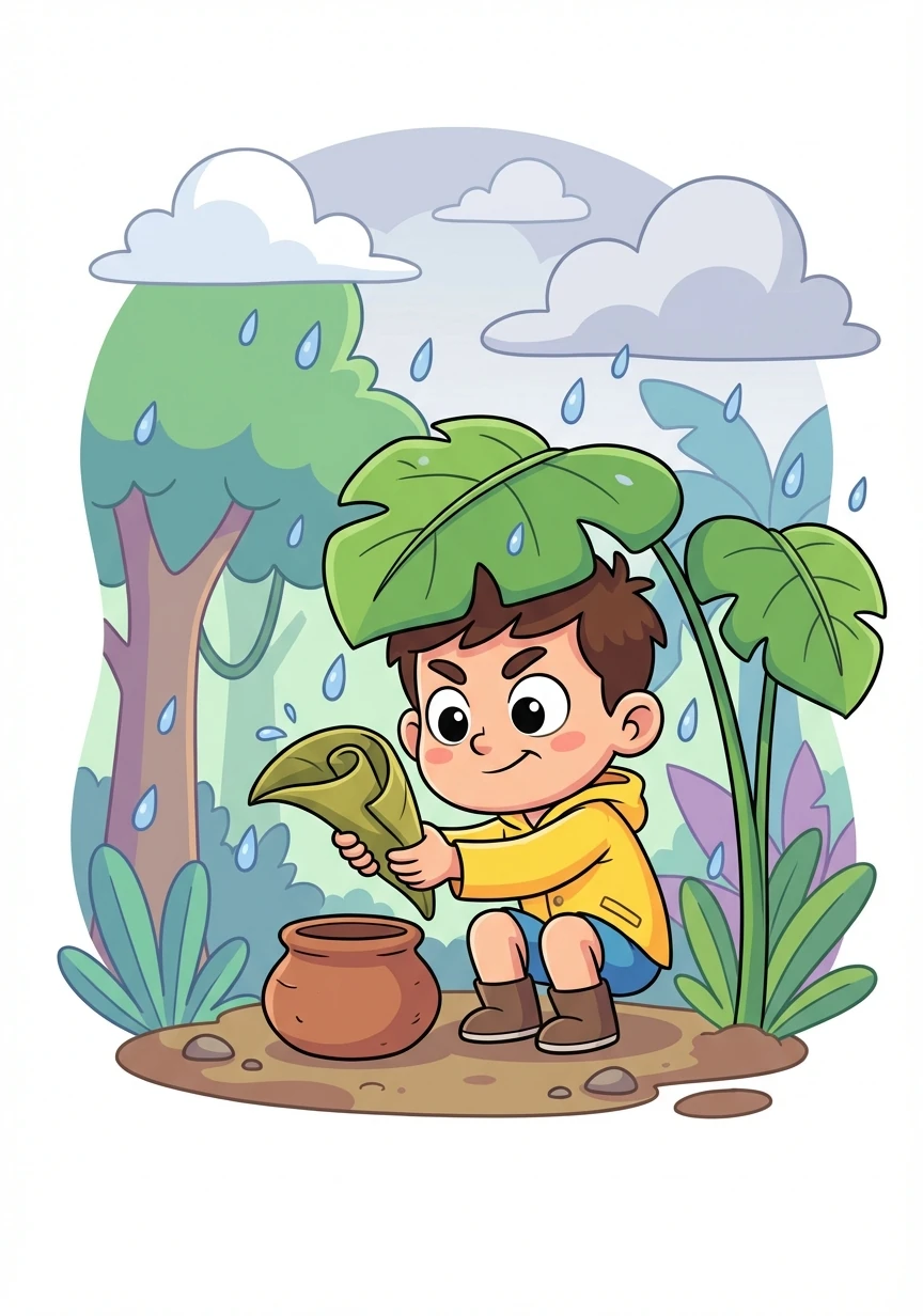 Ricardo aprende a recolectar agua de lluvia utilizando hojas grandes y recipientes improvisados. Cada gota cuenta, y la valora más que nunca.
