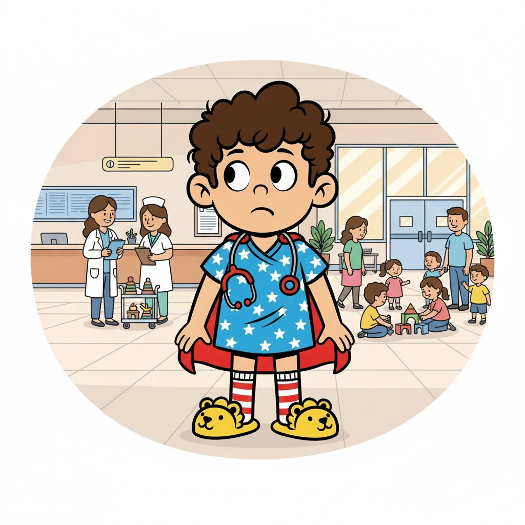 Di dalam, Bintang melihat banyak sekali orang. Ada dokter, perawat, dan anak-anak lain. Suasana rumah sakit tampak ramai dan sedikit asing bagi Bintang.