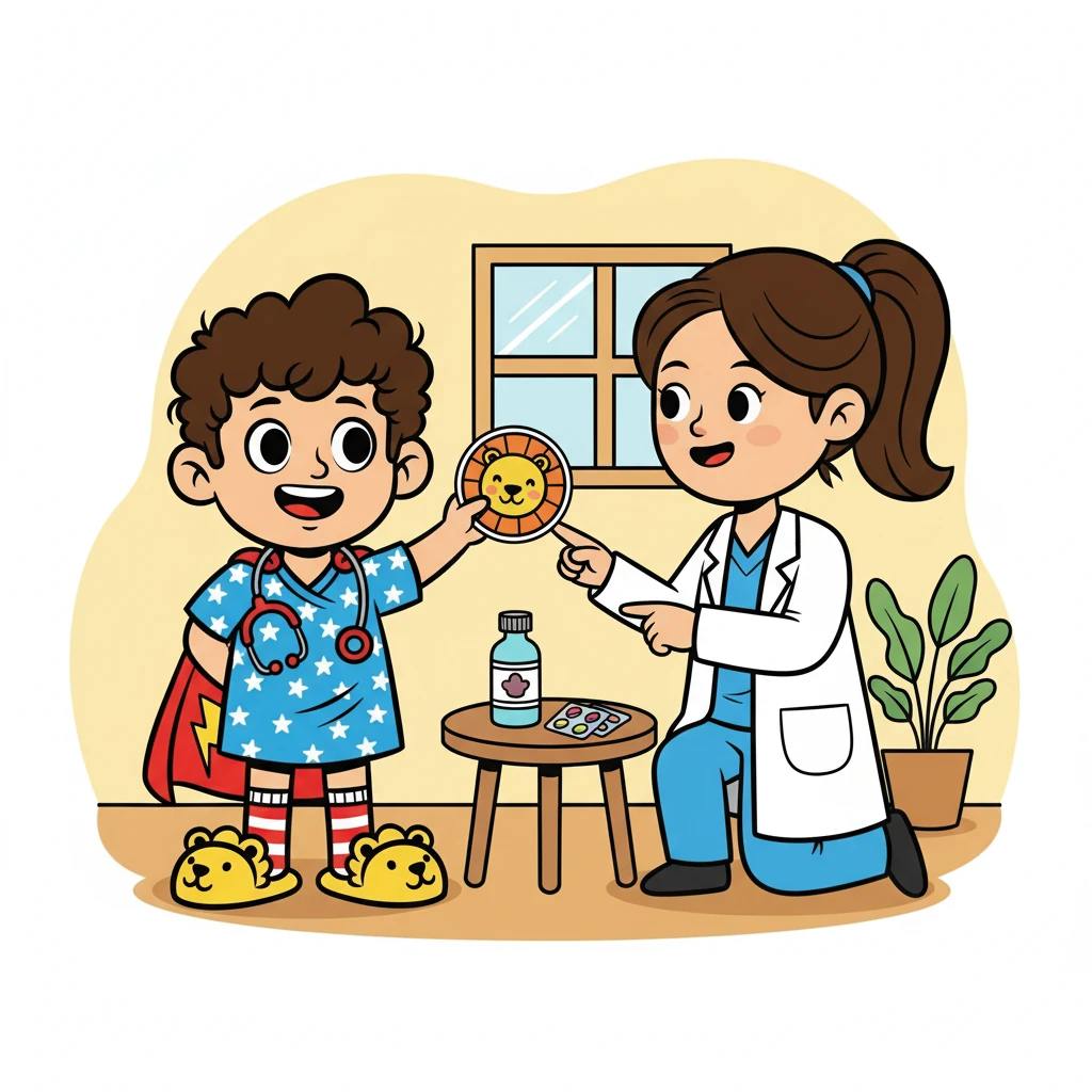 Dokter menjelaskan bahwa Bintang hanya perlu istirahat dan minum obat. Bintang mendapat stiker lucu dari dokter karena sudah berani.