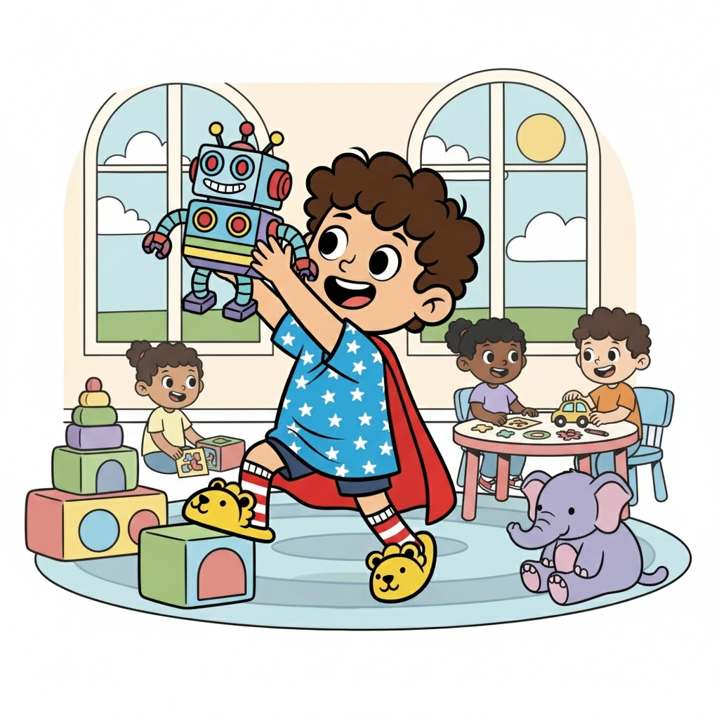 Kemudian, Bintang dibawa ke ruang bermain anak-anak. Di sana, ada banyak mainan dan teman baru. Bintang mulai melupakan rasa takutnya.