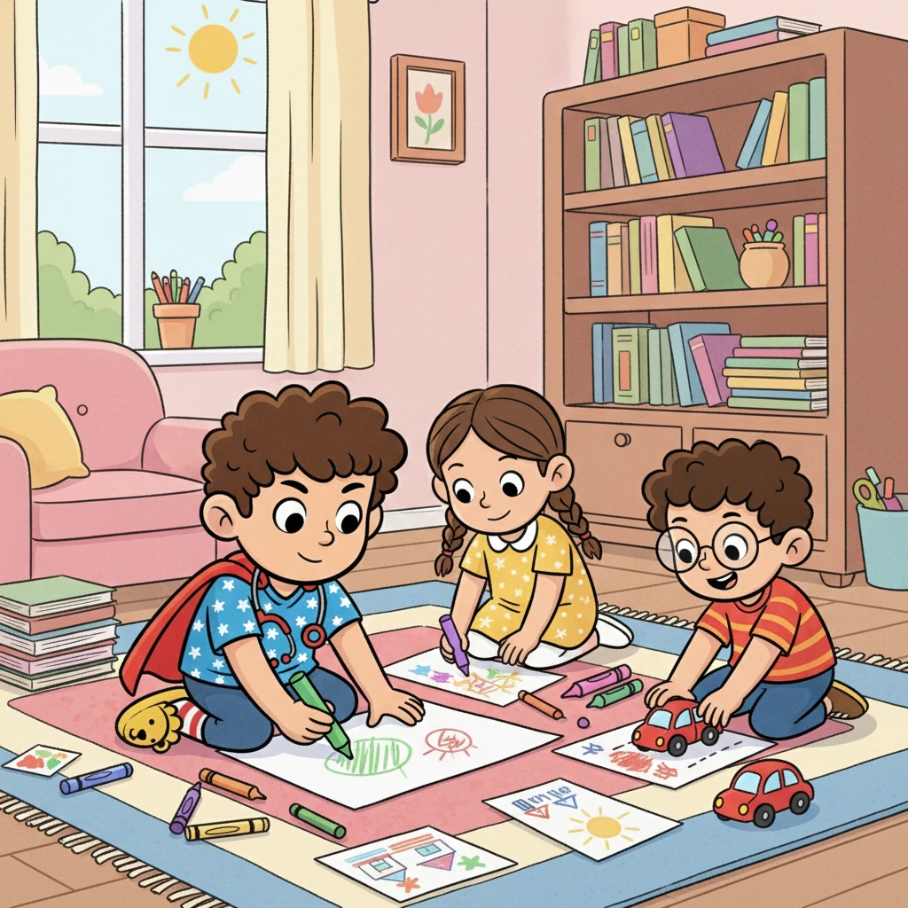 Setelah minum obat, Bintang bermain dengan teman-temannya. Mereka menggambar, mewarnai, dan bermain mobil-mobilan bersama.