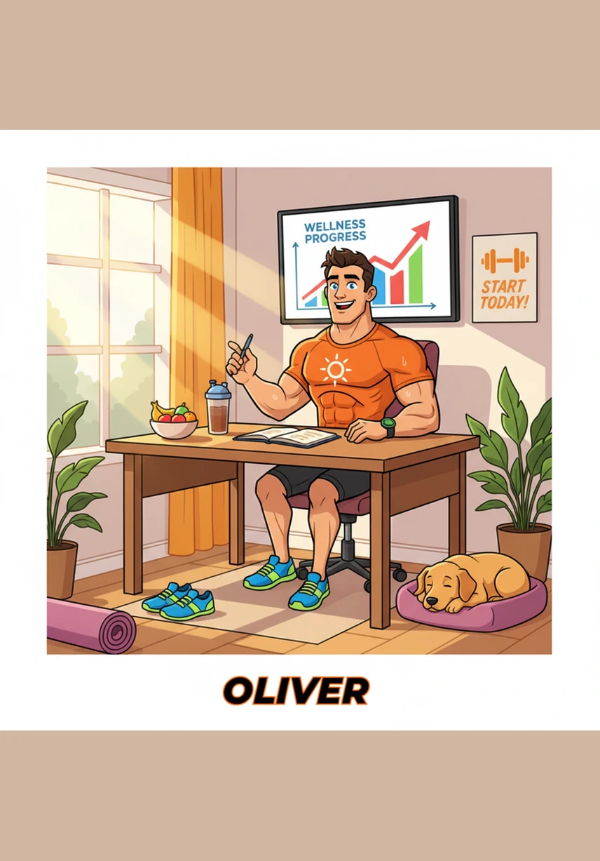 Oliver sits in his sunlit home office, looking at a digital screen showing health charts and research papers. He is determined to improve his vitality through natural means and starts his deep dive into the power of nutrition.