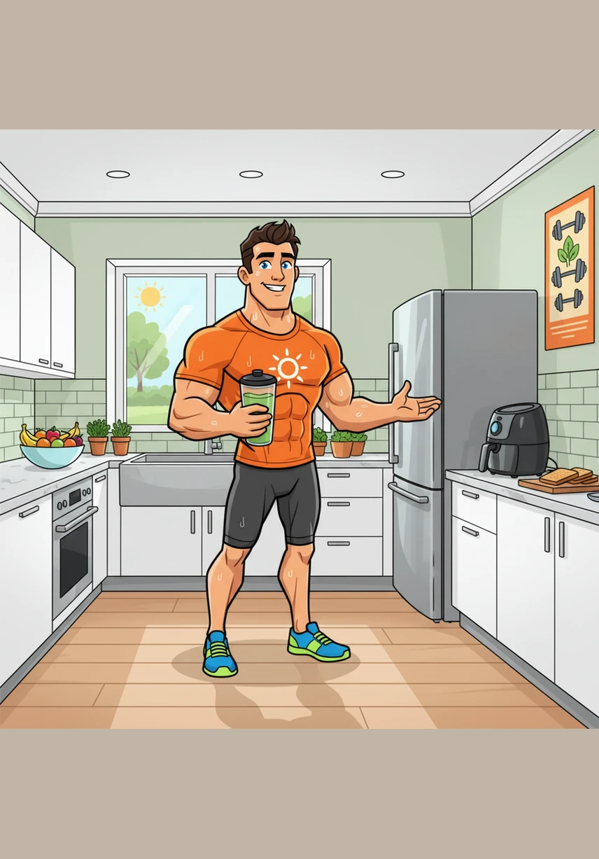 Oliver reaches for a bright yellow banana from a wooden fruit basket in his modern, clean kitchen. He reads that the bromelain enzyme and vitamins A, B1, and C in bananas help regulate hormones and increase physical stamina.