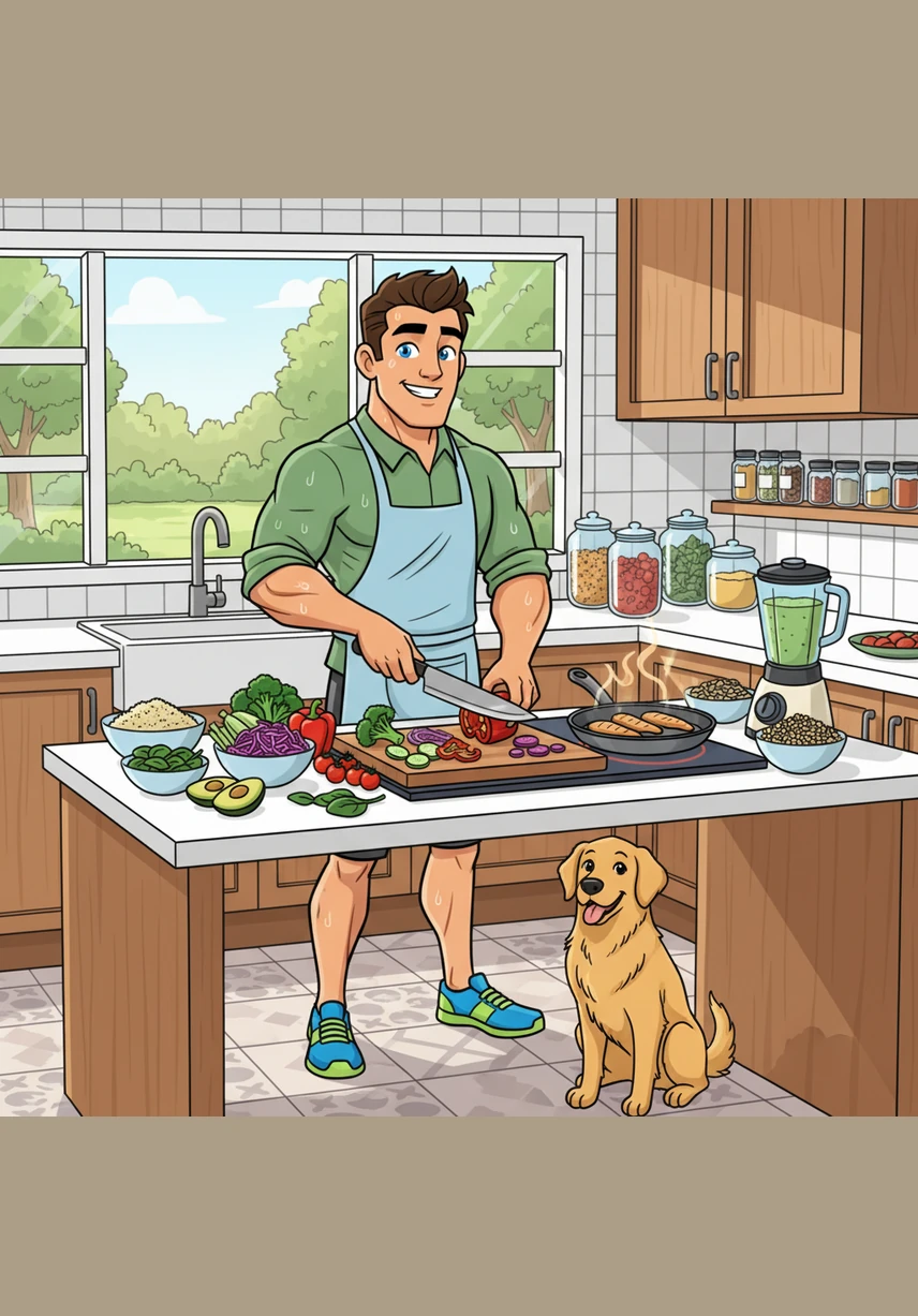 Oliver stands at his kitchen counter, skillfully combining all these superfoods into a colorful and balanced meal. The room is filled with the fresh scents of nature’s bounty, symbolizing his dedicated commitment to a wellness-focused life.