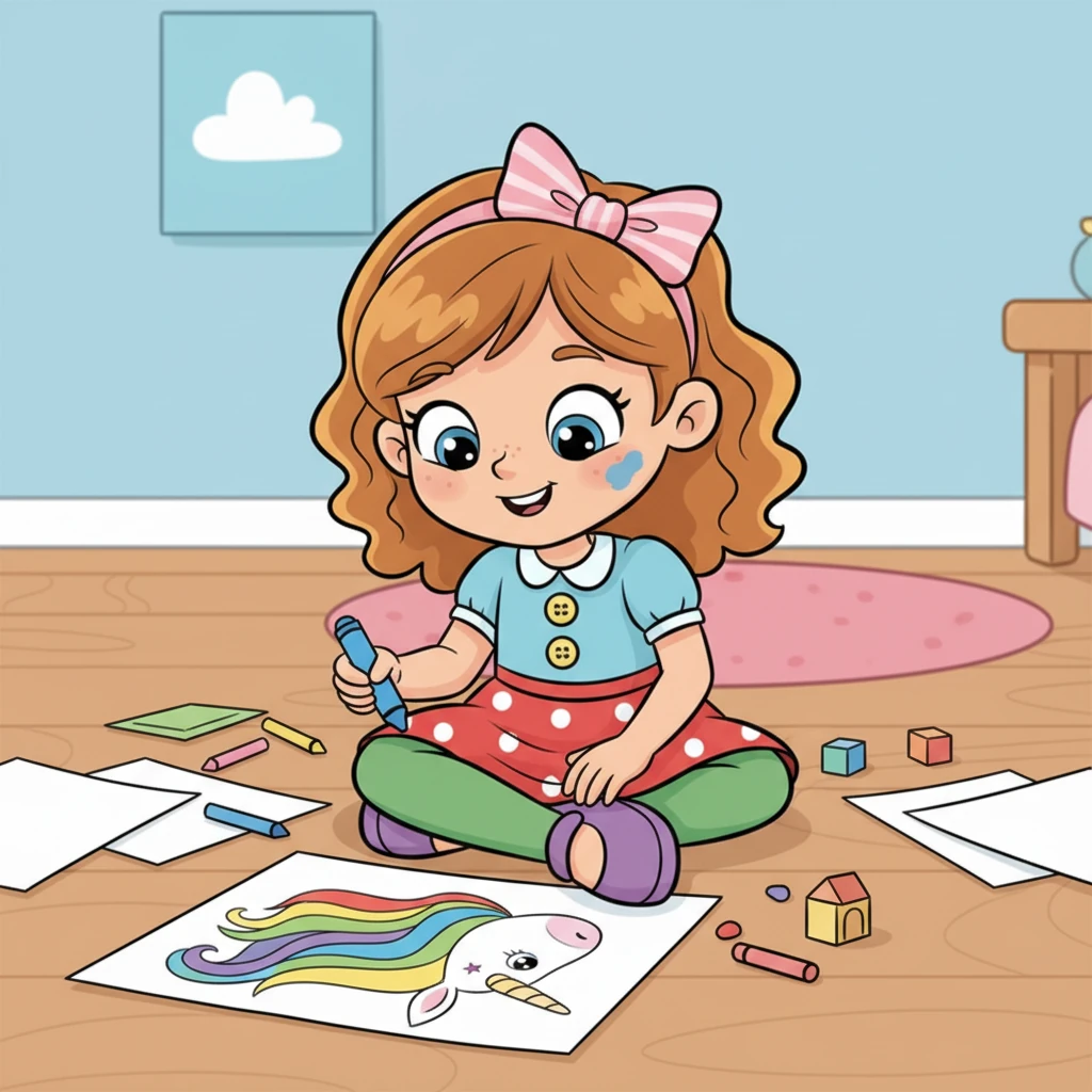 Giulia è seduta sul pavimento della sua cameretta, circondata da fogli colorati e pastelli sparsi. Con un sorriso concentrato, disegna un unicorno con una criniera arcobaleno. Le sue guance sono un po' sporche di inchiostro, ma i suoi occhi brillano di pura gioia creativa.
