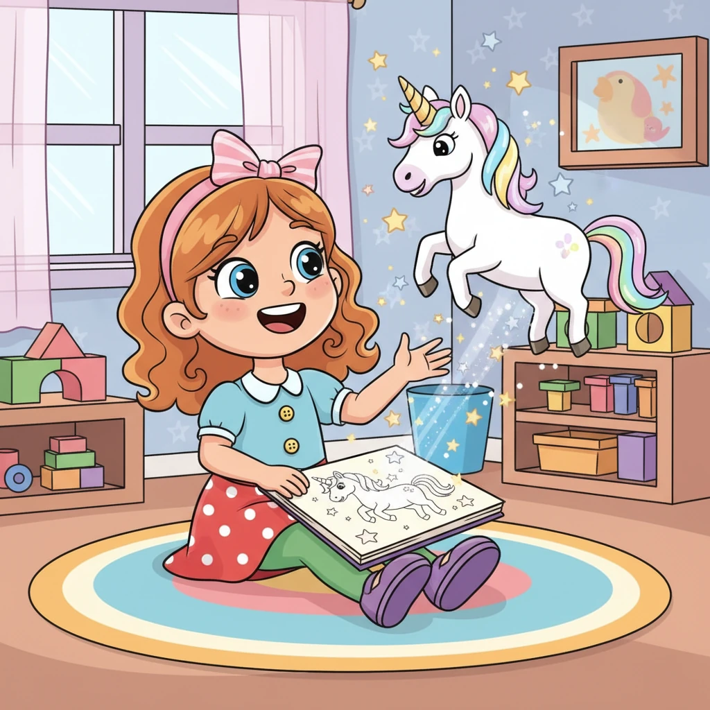 Improvvisamente, l'unicorno che Giulia ha appena disegnato salta fuori dal foglio, volteggiando allegramente intorno a lei. La stanza si riempie di stelle scintillanti mentre Giulia ride, stupita e felice, della magia della sua immaginazione. È un momento di pura fantasia.