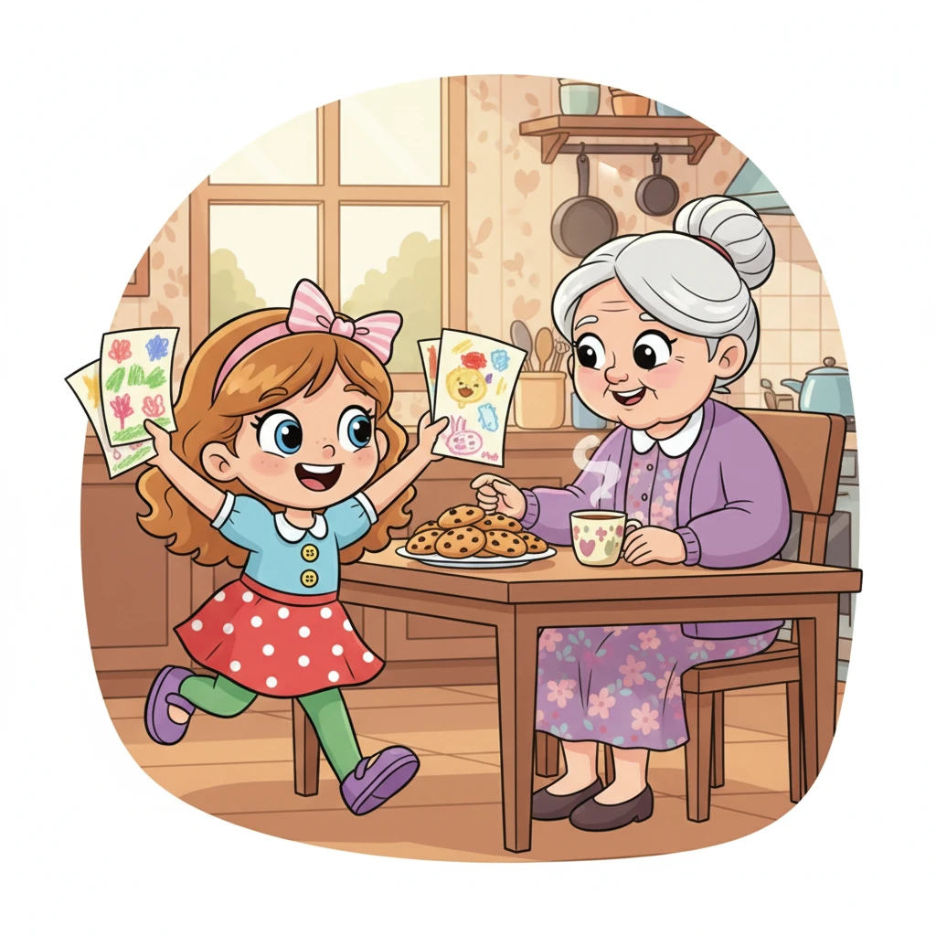 Giulia corre in cucina per mostrare i suoi disegni alla sua nonna affettuosa. La nonna sorride calorosamente, ammirando le opere d'arte della nipote e incoraggiandola con parole gentili. Sulla tavola ci sono biscotti appena sfornati e una tazza di tè fumante.