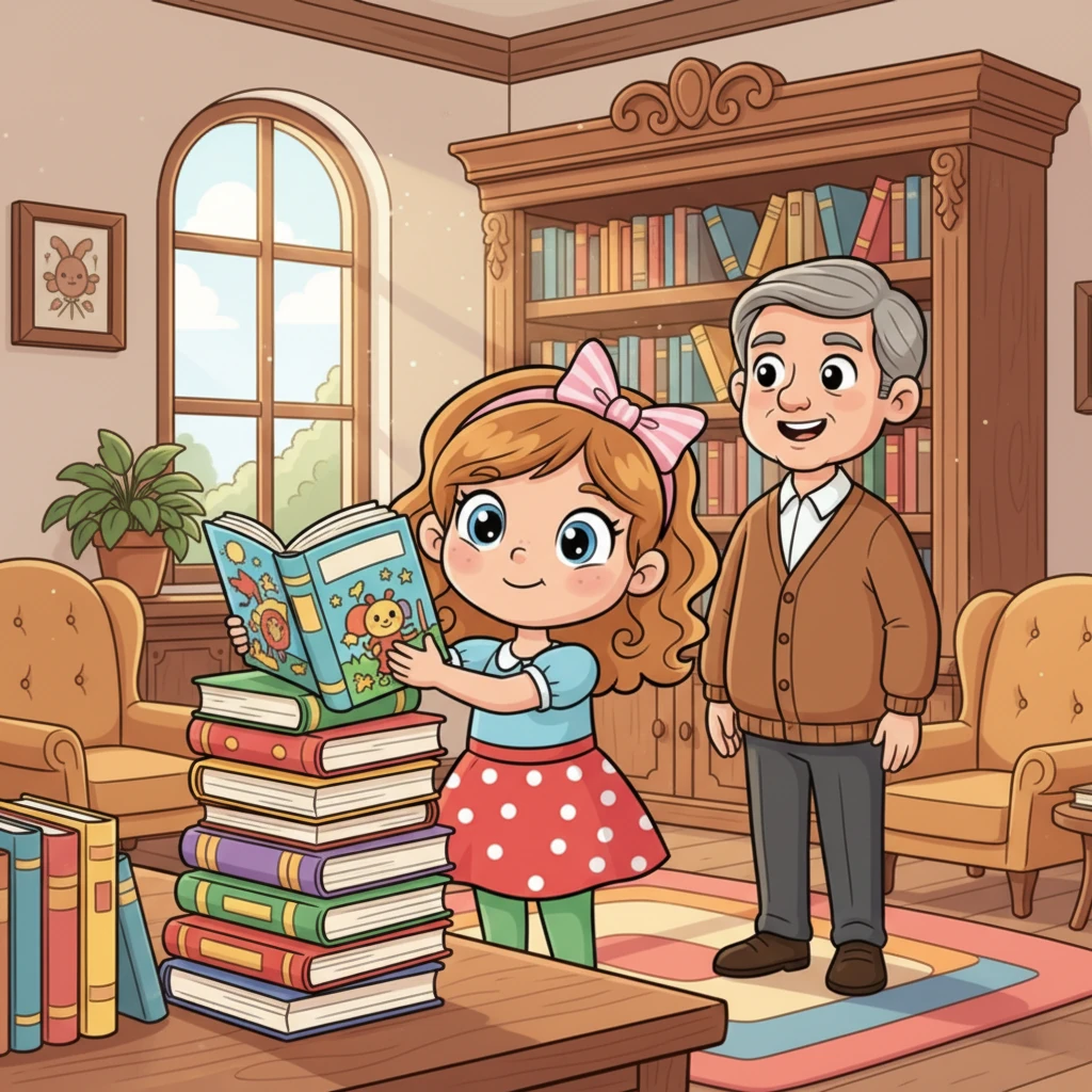 Un pomeriggio, Giulia visita l'accogliente biblioteca del paese, un luogo magico pieno di storie. I suoi occhi curiosi si posano su una pila di libri illustrati, sognando un giorno di vedere i suoi disegni in uno di essi. Il bibliotecario, un uomo gentile, le sorride.