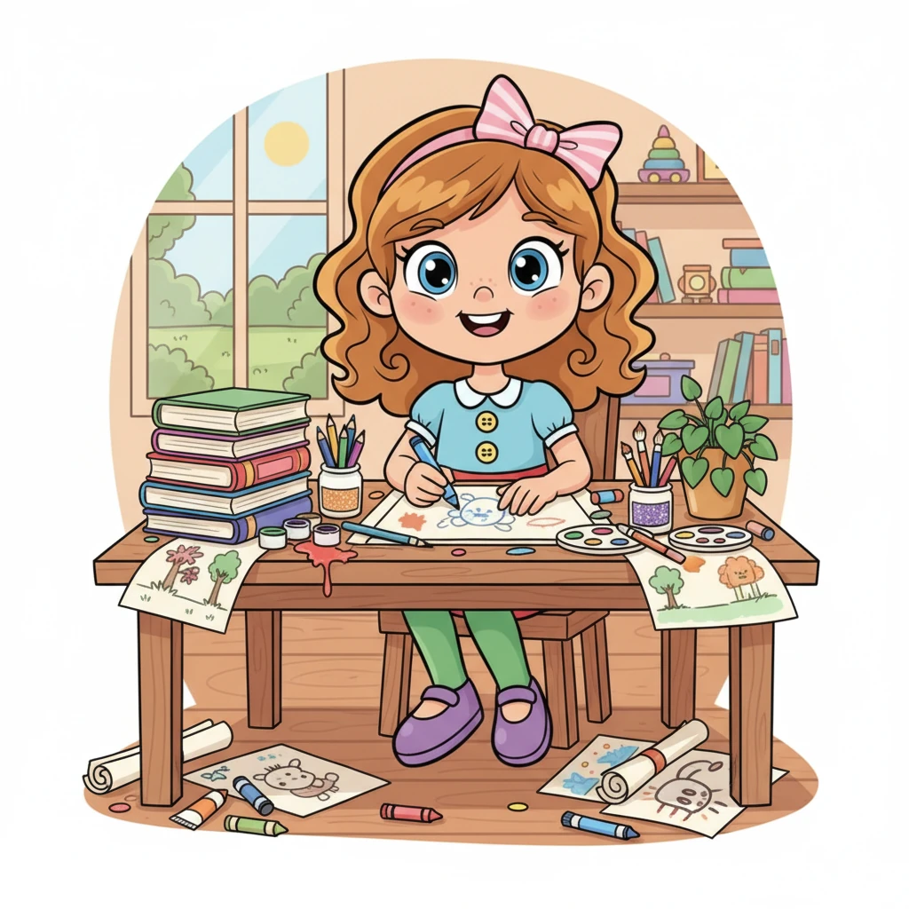 Piena di determinazione, Giulia si dedica al suo progetto, la scrivania invasa da colori, pennelli e schizzi. Disegna con passione, immaginando ogni dettaglio della storia che vuole illustrare. La sua espressione è un misto di serietà e pura felicità.