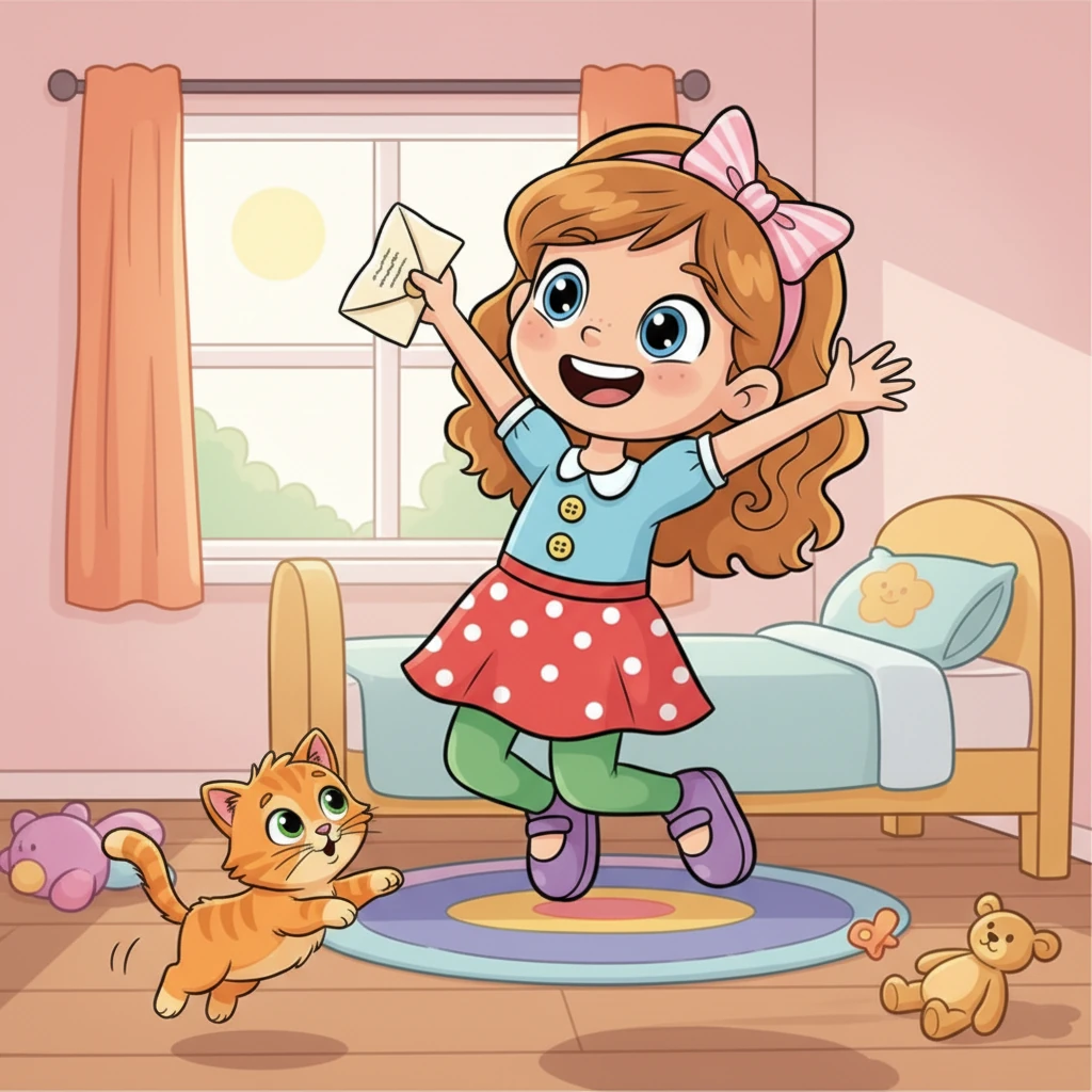 Qualche settimana dopo, arriva una lettera speciale per Giulia. Con le mani tremanti, la apre e legge che è stata scelta! Un'esplosione di gioia la fa saltare in aria, con le braccia sollevate e un sorriso enorme. Il suo gattino si spaventa e salta via.