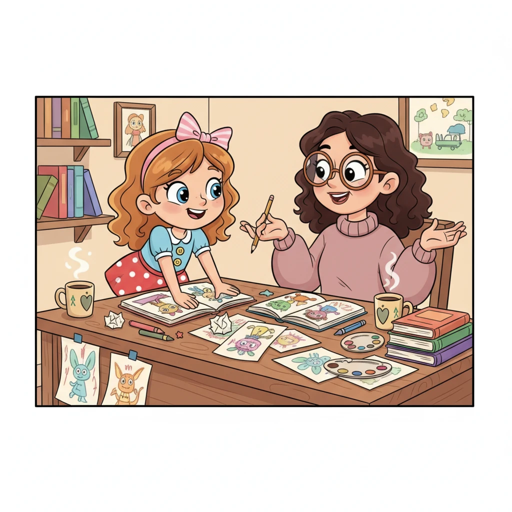 Giulia incontra l'autrice del libro, una donna con occhiali spiritosi e un sorriso dolce. Parlano animatamente, circondate da bozzetti e tazze di caffè, condividendo idee e visioni per dare vita alla storia. È un incontro pieno di ispirazione e collaborazione.