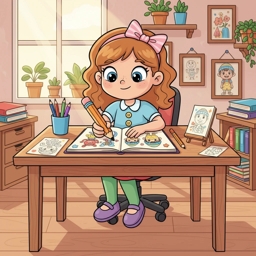 Con il suo tavolo da disegno pulito e ordinato, Giulia illustra le pagine finali del libro. Ogni tratto della sua matita è preciso e pieno di emozione, trasformando le parole in immagini vivide e giocose. I personaggi prendono vita sotto le sue mani esperte.