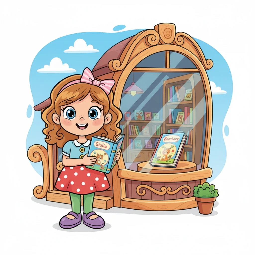 Finalmente, il libro è pronto! Giulia, vestita con un grazioso vestito, tiene in mano la sua prima opera pubblicata, esposta con orgoglio nella vetrina della libreria. Il suo viso è raggiante di orgoglio e felicità, il sogno di una vita diventato realtà.