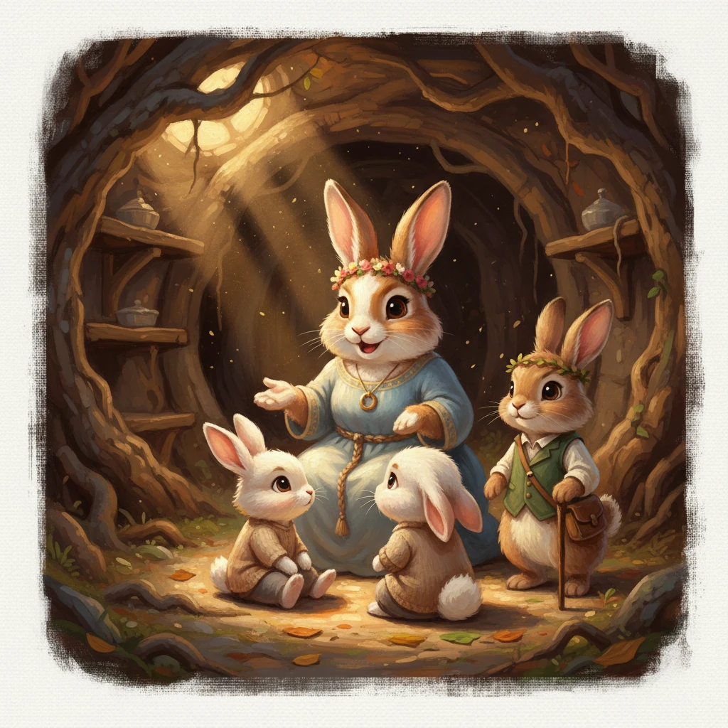 Deep within a cozy burrow, beneath the roots of a grand oak tree, Mama Bunny gathered her three little ones: boisterous Hopper, energetic Thumper, and gentle Little Fluff. With a warm smile, she announced a special lesson for the day, one about becoming a good leader for all the creatures of the forest. The burrow was filled with the soft glow of filtered sunlight, highlighting the intricate details of their warm, earthy home.