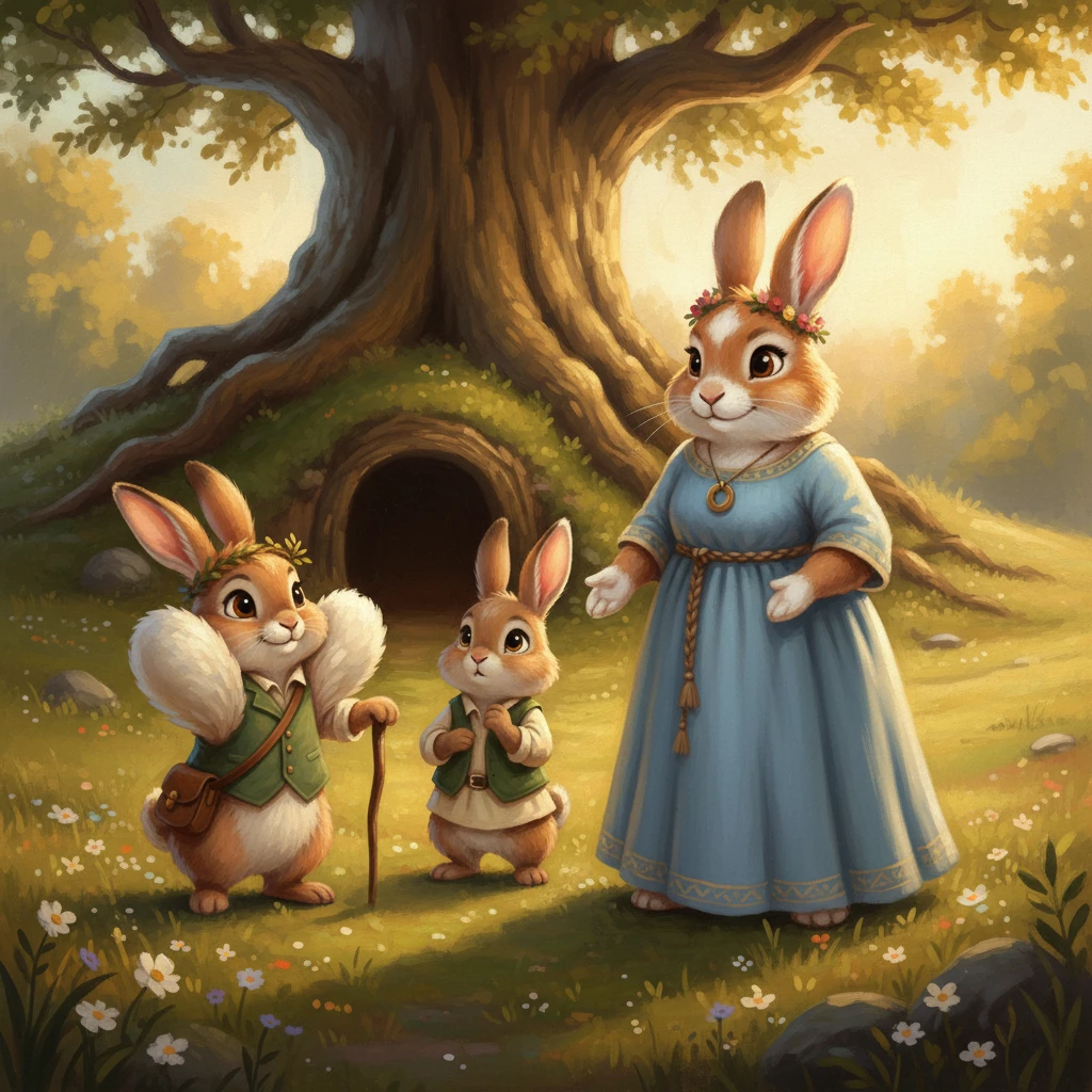 Hopper, full of youthful confidence, puffed out his chest, declaring that a leader was a boss who simply told everyone what to do. Mama Bunny gently shook her head, explaining that a boss says 'GO!', but a true leader says 'LET'S GO!', always walking alongside others, never just ahead. Her eyes, filled with wisdom, looked kindly at her eager son.