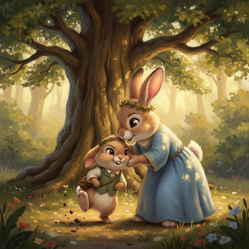 Thumper, eager to show his strength, stomped his foot and insisted that the biggest and loudest always won in leadership. Mama nuzzled him softly, teaching that true strength lay in kindness, in lifting others up, just like the strongest tree provides shade for everyone. The scene depicted a tender moment of understanding under a gentle, dappled light.
