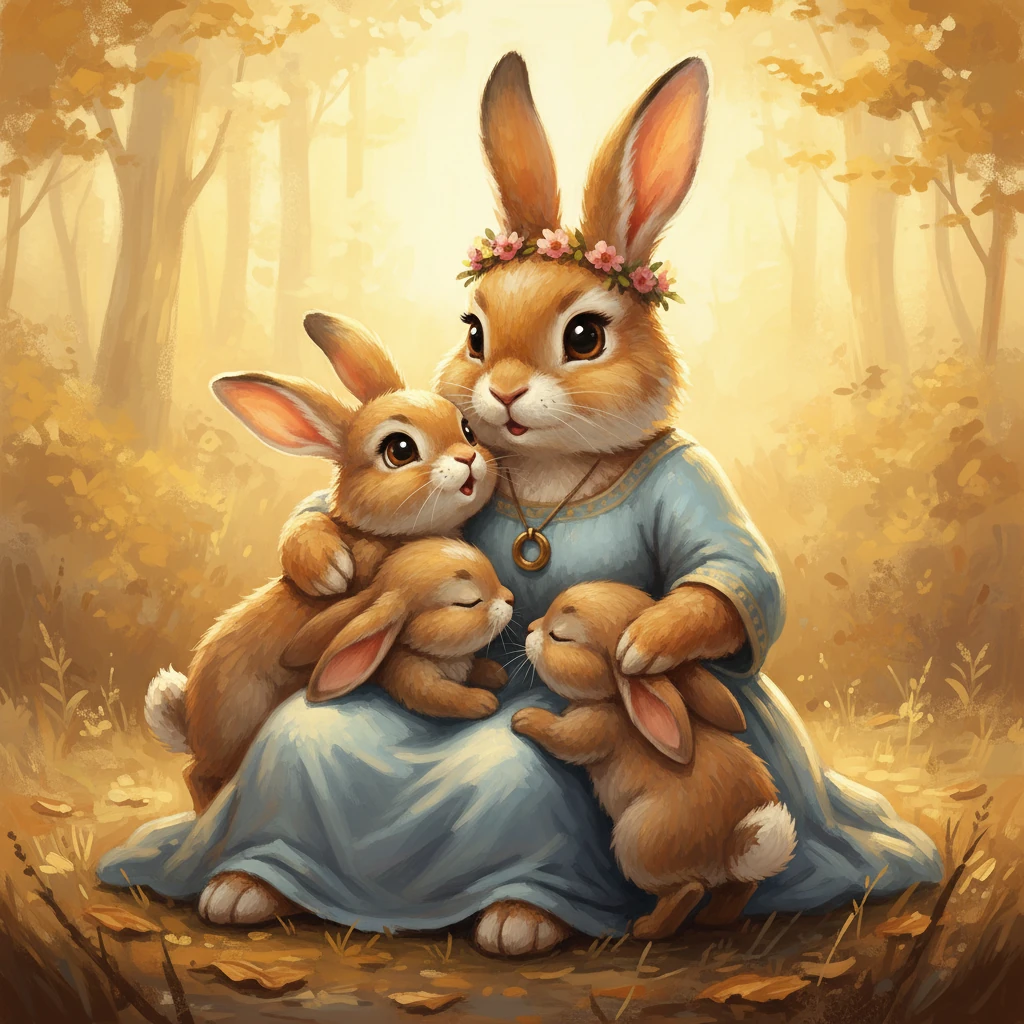Quiet Little Fluff, with wide, curious eyes, whispered to Mama, asking what a leader truly was. Mama gathered her babies close, her fur a comforting warmth, and explained that a leader sees what is broken and fixes it, listens with both ears and heart, and helps the group become better together. The bunnies huddled in a soft, golden embrace, bathed in the warmth of Mama's love.