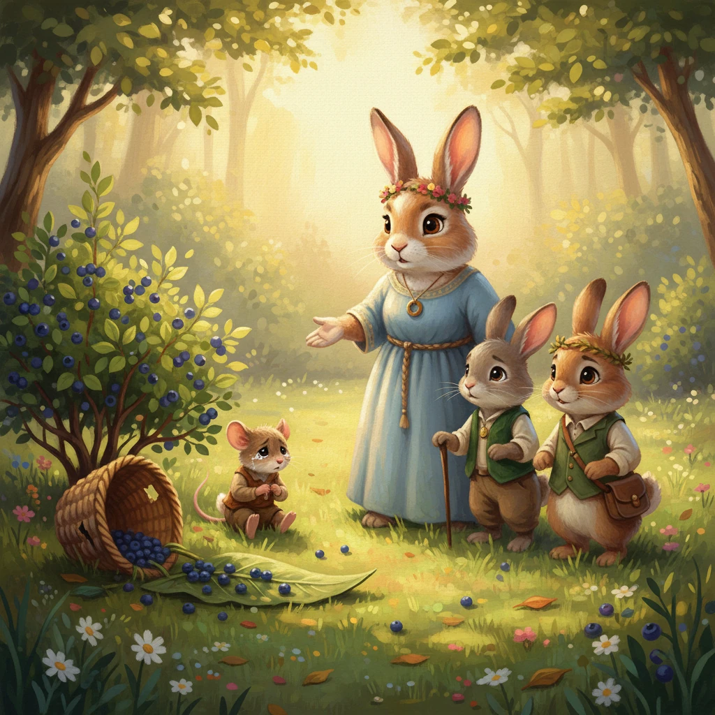 Mama led her bunnies outside the burrow, suggesting they practice by finding a problem to solve. As they hopped through the sun-dappled glade, their ears twitched, catching the faint sound of sniffles. Near a vibrant blueberry bush, they discovered little Squeaky Mouse, her tiny berry basket torn, all her freshly picked berries scattered on the ground.