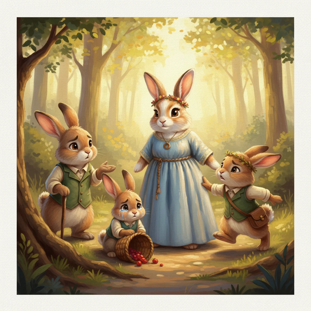 Hopper quickly dismissed Squeaky's plight, declaring it her problem, not theirs. Thumper, too, wanted to hurry along, asserting they were too busy. Mama Bunny, however, whispered gentle reminders that leaders help anyway and always pause to notice those in need. Her calm presence was a quiet anchor amidst the bustling forest.