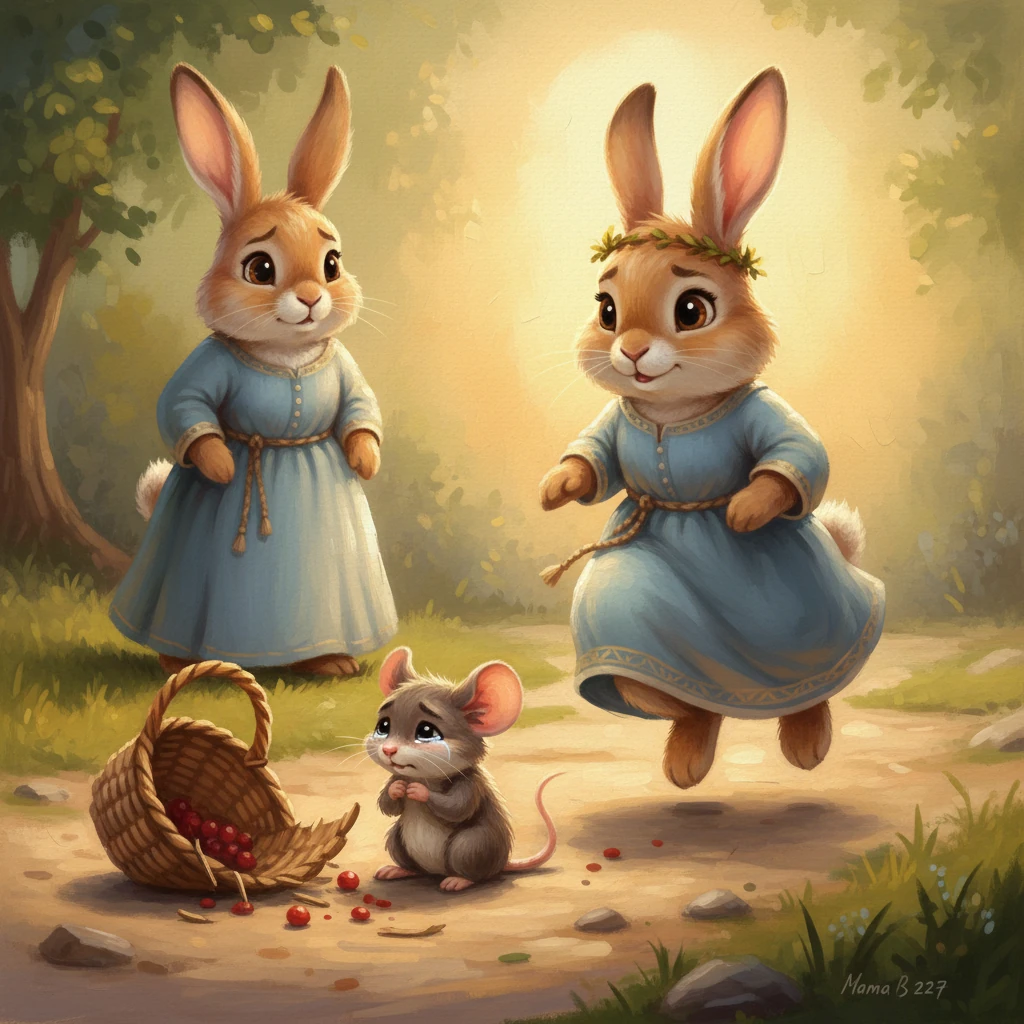 Little Fluff, without hesitation, hopped closer to the tearful Squeaky Mouse, asking if she was alright. Squeaky sniffled, explaining her broken basket and lost berries. Fluff looked back at Mama, who offered a warm, encouraging smile, prompting her little one to consider what a leader should do in such a situation. The light emphasized Fluff's compassionate gaze.