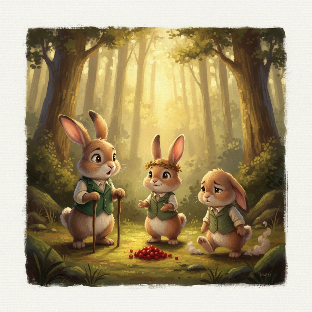 After a moment of thought, Fluff suggested they share their own berries with Squeaky. Hopper blinked, surprised, reminding them the berries were 'theirs.' Thumper stomped his foot, wondering who would help *them* tomorrow. Fluff softly replied, with a hopeful whisper, that perhaps Squeaky would return the kindness. The tension was palpable, yet Fluff's gentle resolve shone through.