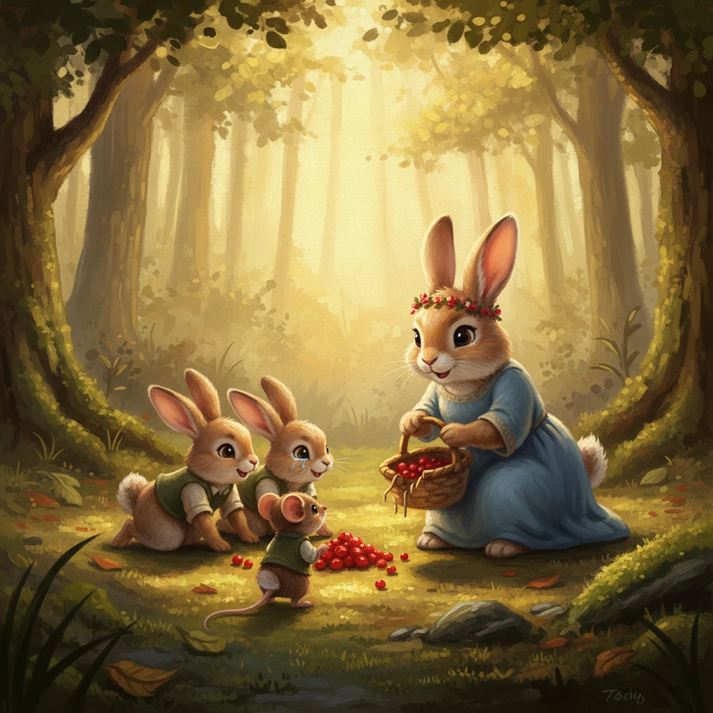 Moved by Fluff's quiet wisdom, Hopper and Thumper slowly pushed their berries forward, offering them to Squeaky. Fluff then took Squeaky's broken basket, promising to help fix it with her uncle's weaving skills. Squeaky Mouse's tears transformed into a tiny, grateful smile, a beacon of hope in the forest clearing.
