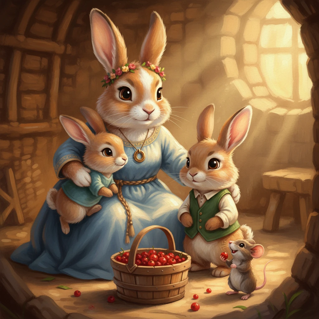 That night, Mama Bunny gathered her little ones close, her voice soft with pride. She acknowledged Hopper for learning to share, Thumper for learning to pause, and Fluff for acting with kindness. Mama explained that true leadership isn't about being first or needing a crown, but about helping others be found, a lesson beautifully underscored the next morning when Squeaky Mouse returned, a full basket of berries in hand, ready to share, showing that good leaders truly do grow more leaders.