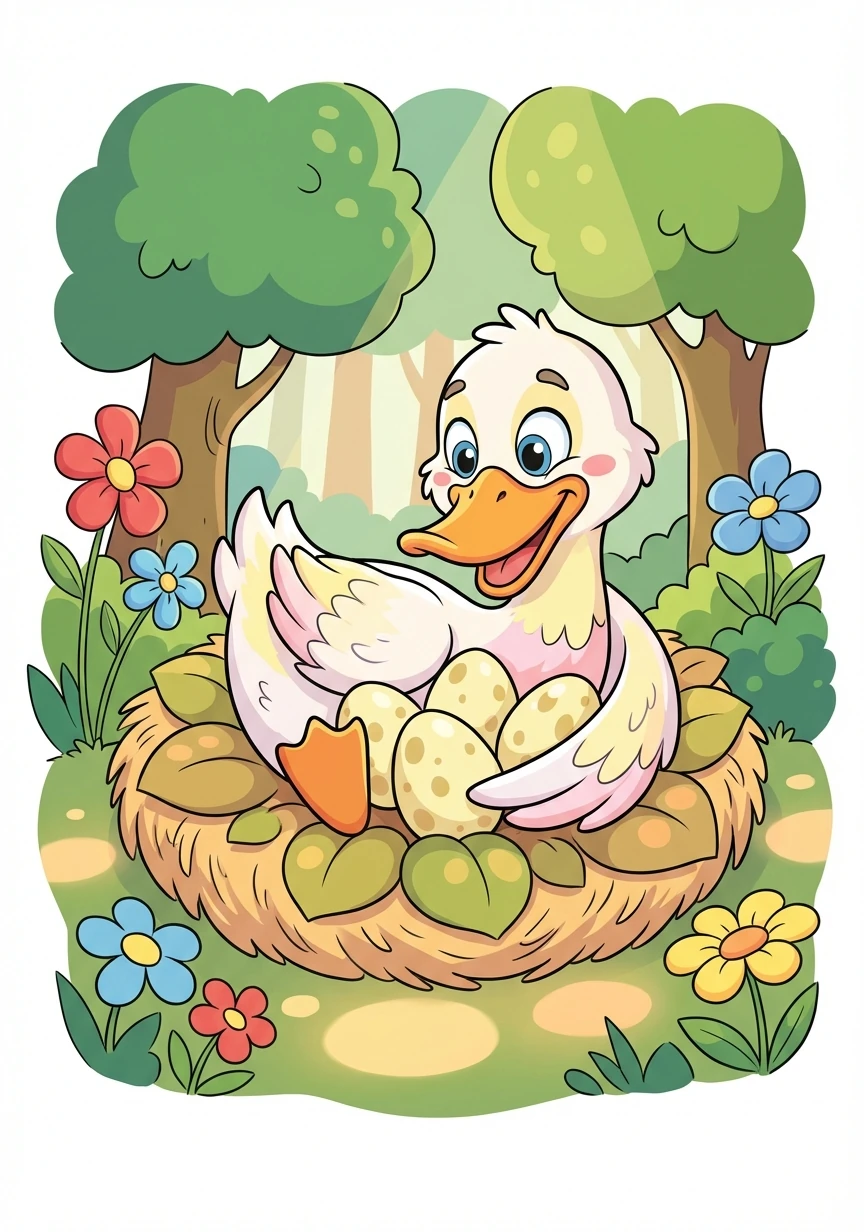 Vịt mẹ đang ấp trứng trong một khu rừng, háo hức chờ đợi những đứa con của mình nở ra.